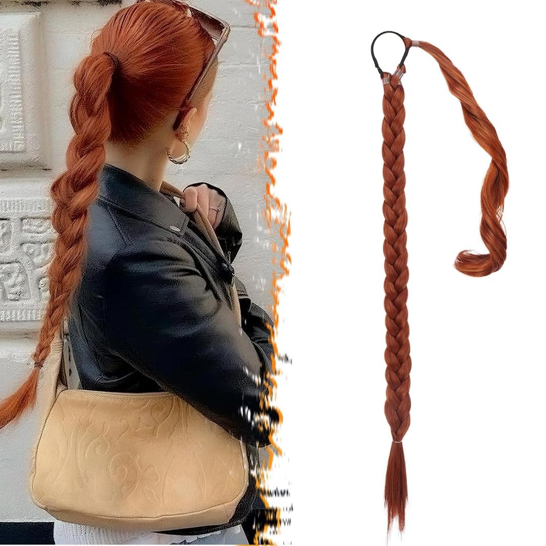 BARSDAR 26 Inch Long Braided Ponytail Extension - Straight Wrap Around Copper Red Braid Ponytail Hair Extensions with Hair Tie - Synthetic Pony Tails Hairpieces for Women - Copper Red