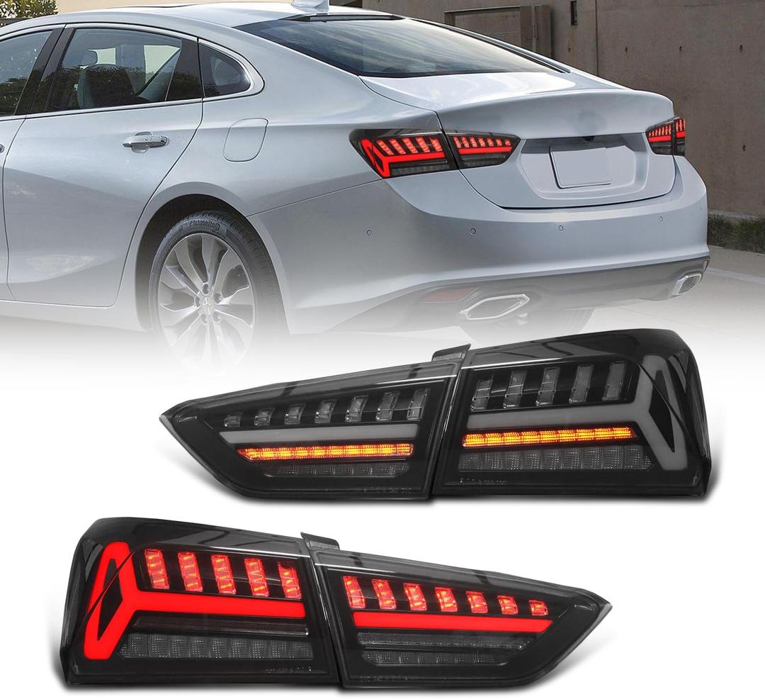 Full LED Tail Lights Assembly for Chevrolet Malibu 2016-2018, Rear Lamps for 9th gen Chevy Malibu L/LS/LT/Hybrid, Plug&Play Taillight Assemblies, Pair, Smoked