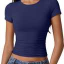 QINSEN Short Sleeve Shirts for Women Round Neck Basic Double Lined Tees Fitted Y2k Crop Tops (X-Large, Estate Blue)