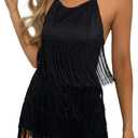 Ella Lust Sexy Backless Fringe Dress Jumpsuit - Western Country Concert Cowgirl Outfit for Women Nashville Tassel Romper (X-Large, Black)