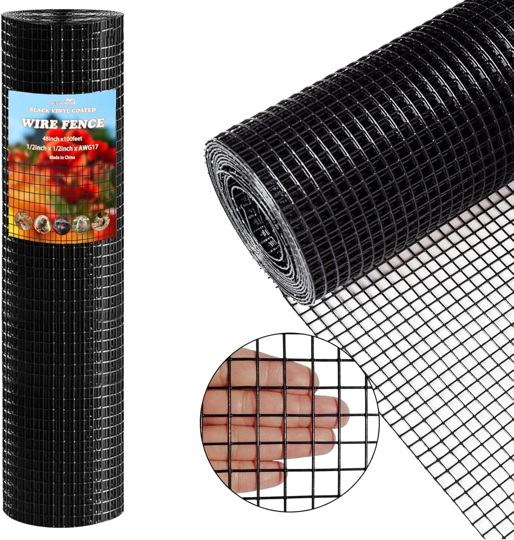Thinkahead Black Steel 1/2 inch 48 X 100 ft 19 Gauge Vinyl PVC Coated Wire Mesh Roll Galvanized Hardware Cloth