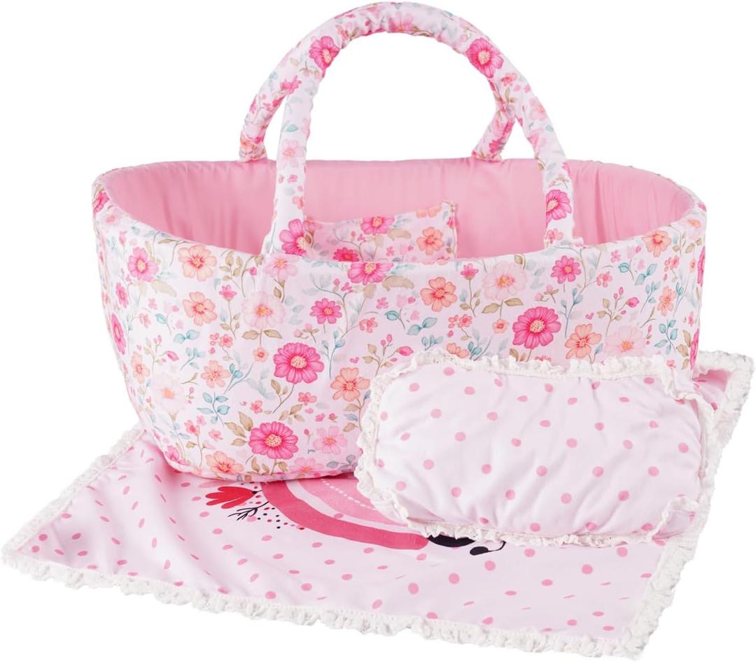 BABESIDE 3 Pcs Baby Doll Bassinet with Baby Doll Bedding Set for 17-22 Inch Dolls, Floral Patterns Babydoll Crib and Blanket for Lifelike Reborn Dolls Accessories, Pink