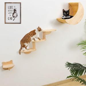 Cat Shelf for Wall Mount Hammock with 3Levels Climbing Ladder and Shelves Moon Cats Wall Furniture for Activity Indoor Kitty (3Levels Steps)