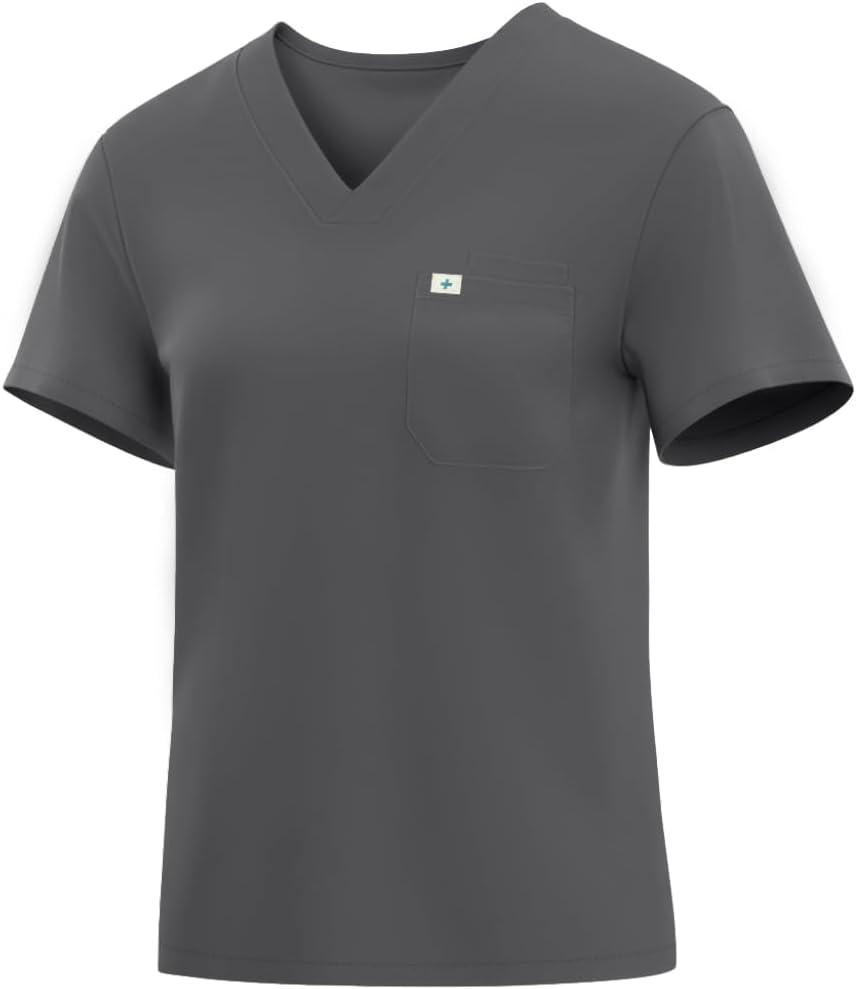 Women's V-Neck Scrub Tops - Stretchy Nursing Uniform Top with Pockets, Wrinkle Resistant & Breathable, Small
