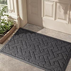 LEKEEPGO Door Mat Outside Entrance, Absorbent Indoor Outdoor Front Door Mat, All-Weather Muddy Dirt Resist Outdoor Door Mat, Non Slip Backing Low Profile Entryway Mat Floor Welcome Mat, 17"x29", Grey