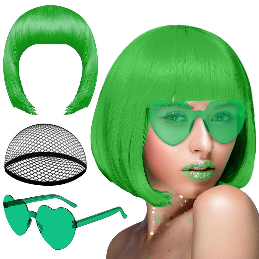 PLULON Dark Green Bob Wig and Sunglass Set, Neon Short Bob Wig Sunglass Pack Costume Colorful Cosplay Wig Hairpieces for Bachelorette Neon Party Favors, Halloween Decorations