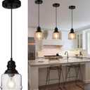WILON Industrial Pendant Light, 4'' Black Seeded Glass, Farmhouse Kitchen Island Lighting, Adjustable Ceiling Light for Dining Room, E26 Bulb Base, Dimmable