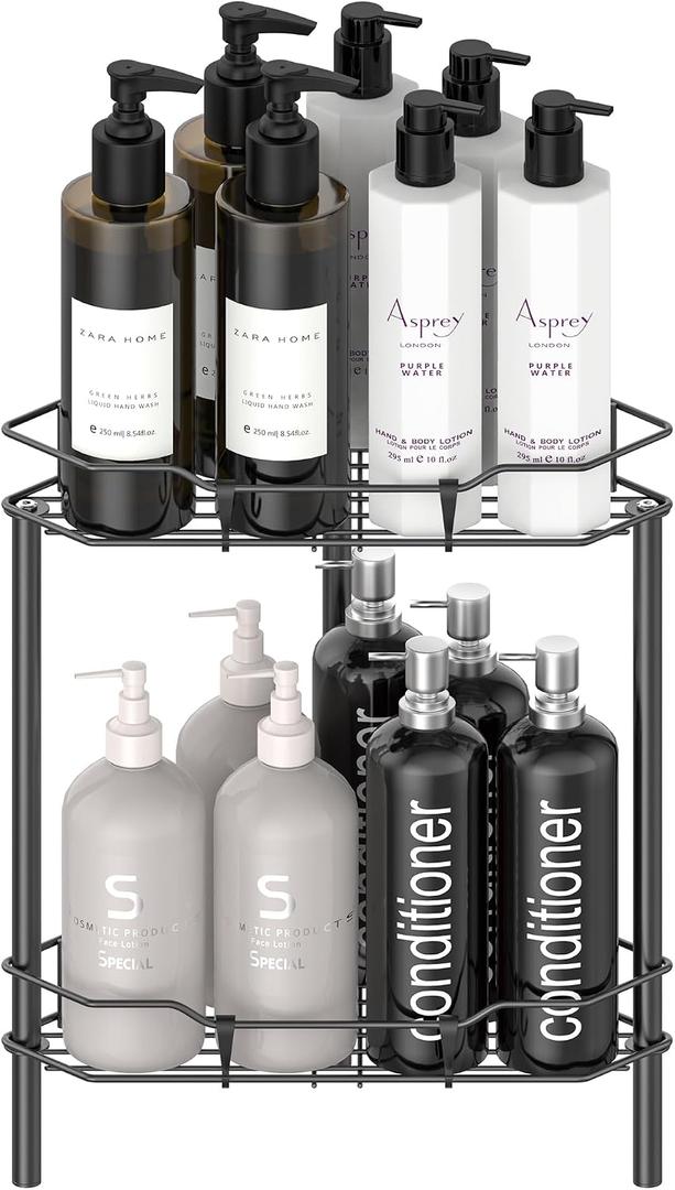 HuggieGems 2 Tier Floor Standing Corner Shower Caddy Organizer Shelf with Hooks, Bathroom Shelves Stand Rack, Matt Black