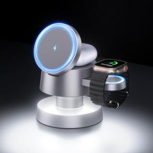 Kcuskl 4 in 1 Magnetic Wireless Charging Station, 15W Fast Charging with Adjustable Night Light, Magnetic Wireless Charging Station for iPhone 16 15 Pro Max & Apple Watch, AirPods 3/ 2/ 1/ Pro, Titanium Gray