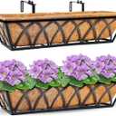 Y&M Window Boxes Horse Trough with Coconut Coir Liner, 24 Inch Window Deck with Coco Liner, Fence Metal Hanging Flower Planter Window Basket Deck Railing Planter Boxes (X - 24in 2P)