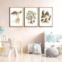 3Pcs Woodland Safari Animals Nursery Canvas Wall Art Baby Jungle Small Animal Wall Decor Pictures Tree Bear Rabbit Fox Hedgehog Kids Posters Prints for Classroom Children Bedroom Decoration Unframed