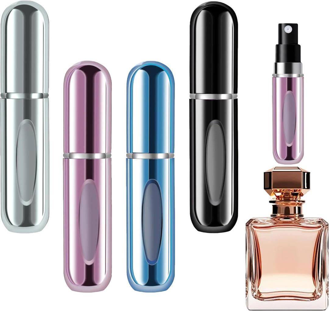 opasyo 4 Pcs Mini Refillable Perfume Portable Atomizer Bottle, 5ml Bottom-Fill Perfume Spray Scent Dispenser, Leak-Proof Travel Pump for Cologne, Aftershave & Purse (Silver/Pink/Blue/Black/)