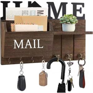 Rustic Wall Key Holder with Shelf & Hooks - Mail Organizer for Entryway | Wooden Key Rack for Keys, Coats, Dog Leash - Brown