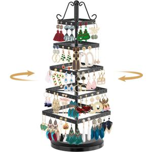 MODOWEY 5 Tiers Metal Rotating Earring Holder Organizer Tree Spinning Display Stand Rack for Women Girl, 220 Holes Adjustable Large Storage for Stud Dangle Hoop, Find Earrings Easily(Square, Black)