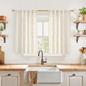 YoungsTex Short Linen Curtains 40 Inches Long for Kitchen Window, Light Filtering Drapes Semi Sheer with Rod Pocket Back Tab Privacy for Cafe Bathroom Window, 2 Panels, 42 X 40 Inch