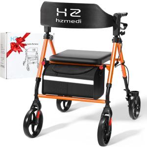 Foldable Walker for Seniors, Rollator Walker with Seat for Seniors, Ergonomic Arc Seat & 6" Ultra Backrest, 8" Big Wheels for All Terrain, Dual Height Adjustment, Lightweight (Deep Orange)