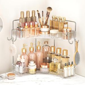 Corner Bathroom Counter Organizer 2 Tier Bathroom Organizers and Storage Countertop with Hooks Skin Care Exquisite Vanity Organizer Countertop Bathroom Storage Dresser, Kitchen-Clear