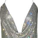 Women Sexy Sparkly Halter Neck Rhinestone Crop Top Deep V Tank Top Backless Body Chain Dance Festival Rave Club Outfits