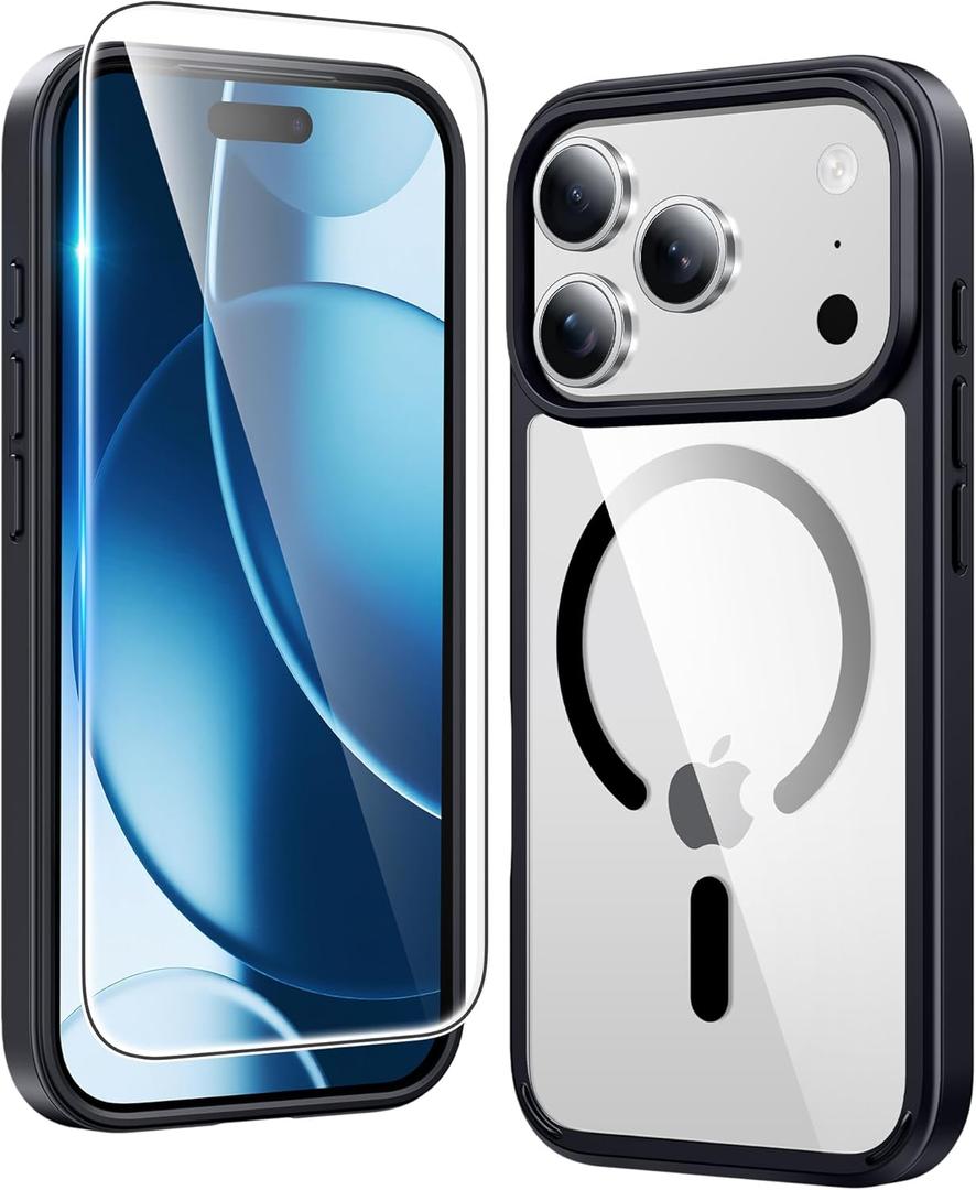 FNTCASE for iPhone 17 Pro-Max Case: Clear Magnetic Phone Cases with Screen Protector Compatible with Magsafe Slim Anti Yellowing Rugged Shockproof Protective Transparent Cell Cover (B-Black)