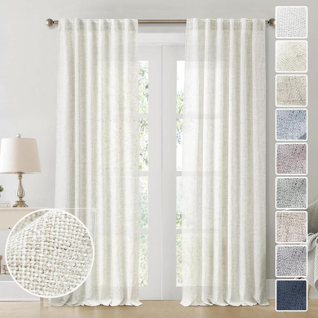 Natural 102 Inch Long Linen Sheer Curtains for Living Room 2 Panels Set Back Tab Pocket Light Filtering Large Window Curtain Drapes for Bedroom Patio Sliding Door Cream/Off White