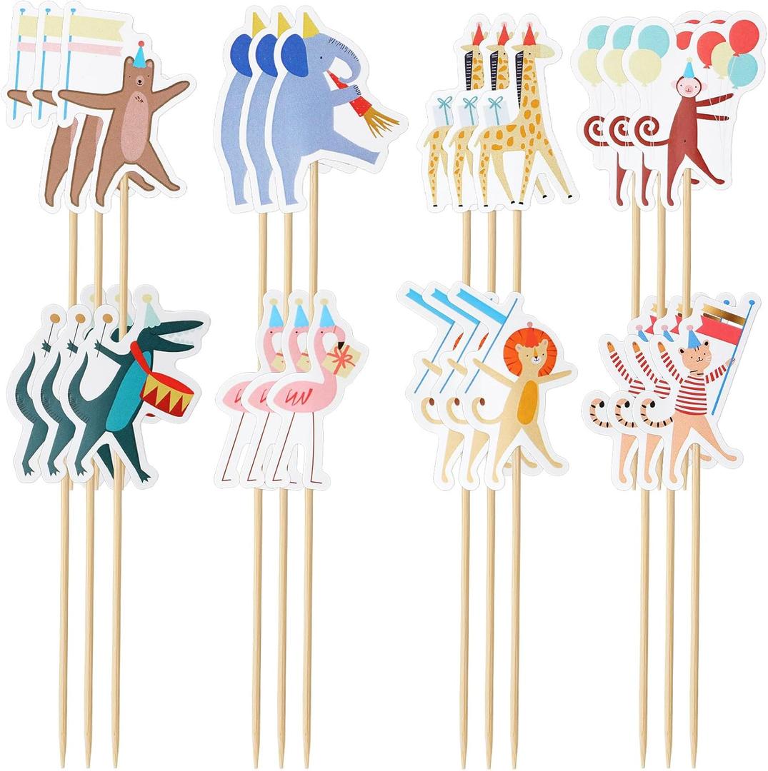 24 Pcs Animal Parade Cupcake Toppers Safari Cupcake Picks Woodland Jungle Cake Decorations for Jungle Theme Baby Shower Zoo Wild Animal Birthday Party Supplies