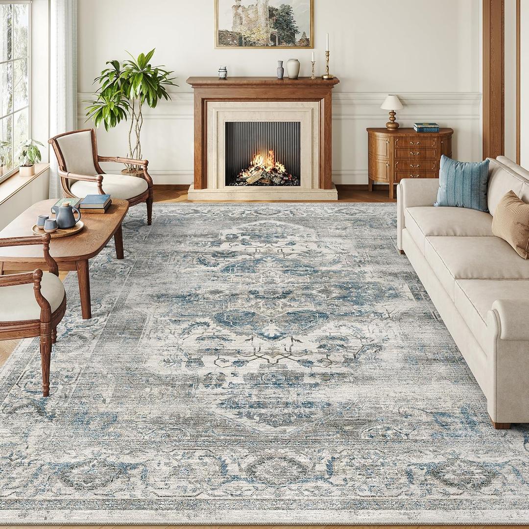 8x10 Area Rugs for Living Room, Machine Washable Non Slip Vintage Rug, Non-Slip Stain Resistant, Large Soft Home Decor Rug for Bedroom Dining Room (Blue/Grey,8'x10')