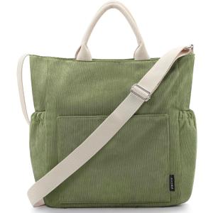 Prite Corduroy Tote Bag for Women Large Crossbody Hobo Shoulder Bag with Pockets Tote Handbag for Work,College,Shopping (Green)