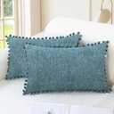 CaliTime Throw Pillow Covers Decorative 20 X 12 Inches Pack of 2 Cozy Solid Dyed Soft Chenille Cushion Cases with Pom Poms for Couch Sofa Bed Living Room Home Smoke Blue