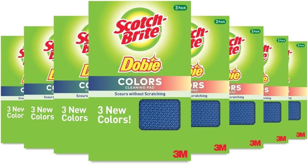 Scotch-Brite Dobie Colors Cleaning Pads, Ideal for Dishwashing, Kitchen, Bathroom and More, Scours Without Scratching, 24 Pads (3 Count (Pack of 8))