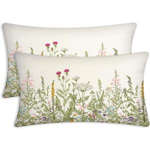 Vintage Floral 12X20 Pillow Cover Set of 2, Spring Lumbar Throw Pillow Decorative Green Rectangle Throw Pillow Covers, Botanical Accent Couch Sofa Pillows for Living Room (Wild Flowers)