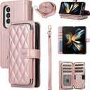 Wallet Case for Samsung Galaxy Z Fold 4 with Zipper Card Holder & Shoulder Strap & Wrist Strap, Crossbody Purse Handbag Stylish Protective Cover for Galaxy Z Fold 4 -Rose Gold
