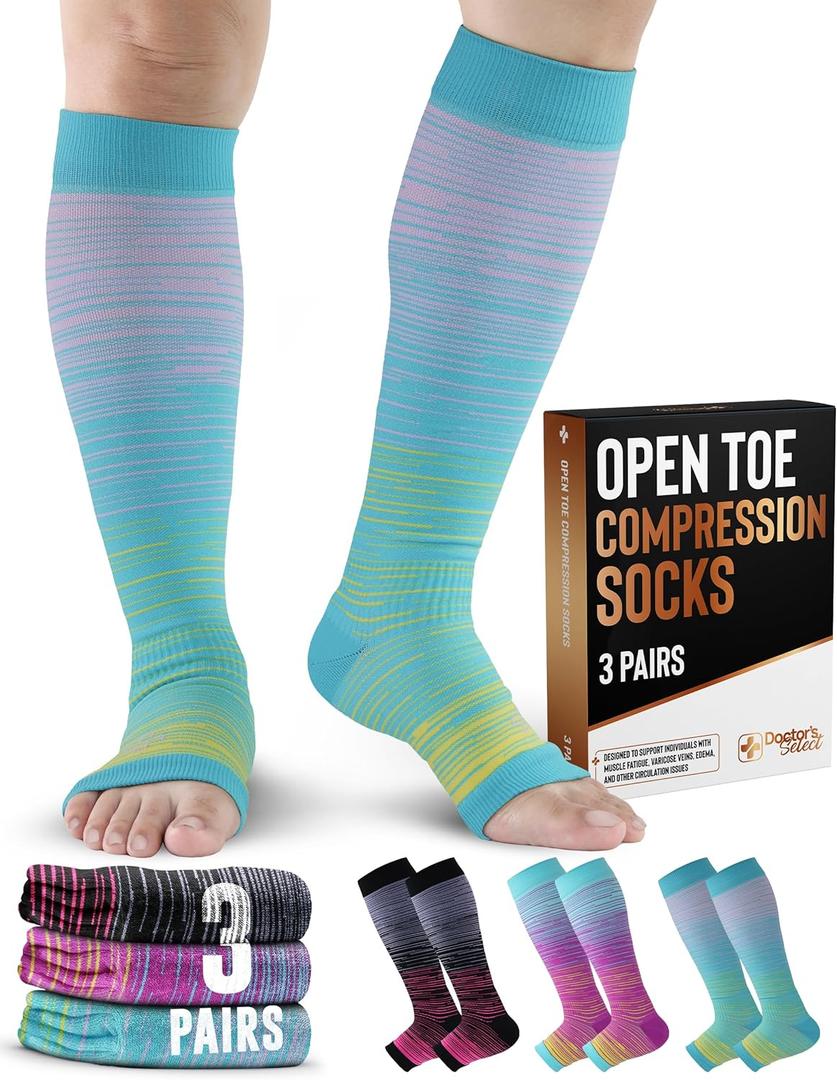 Doctor's Select 3 Pairs Copper Toeless Compression Socks Women & Men - 20-30 mmHg Open Toe Compression Socks Knee High Women (Large)
