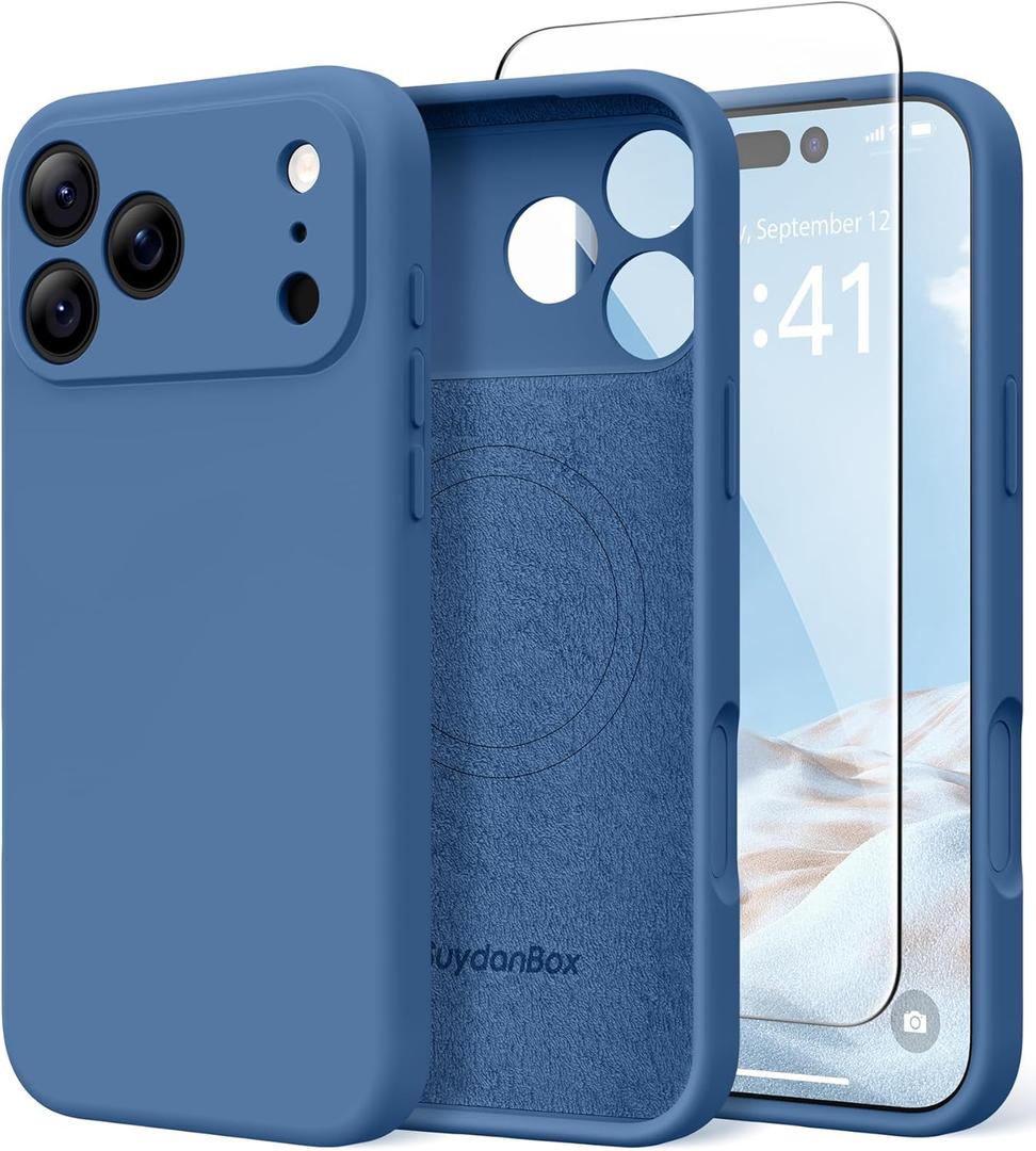 Magnetic for iPhone 17 Pro Max Case, Compatible with MagSafe, [Full Camera Protection][Screen Protector] Silicone Shockproof Protective Phone Case for iPhone 17 Pro Max 6.9", Lake Blue