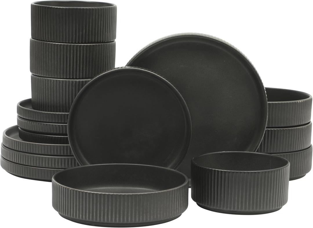 Gibson Elite Deerfield 16-Piece Stoneware Dinnerware Set  Matte Black Reactive Glaze Plates and Bowls, Stackable, Modern Design, Service for 4  Microwave & Dishwasher Safe