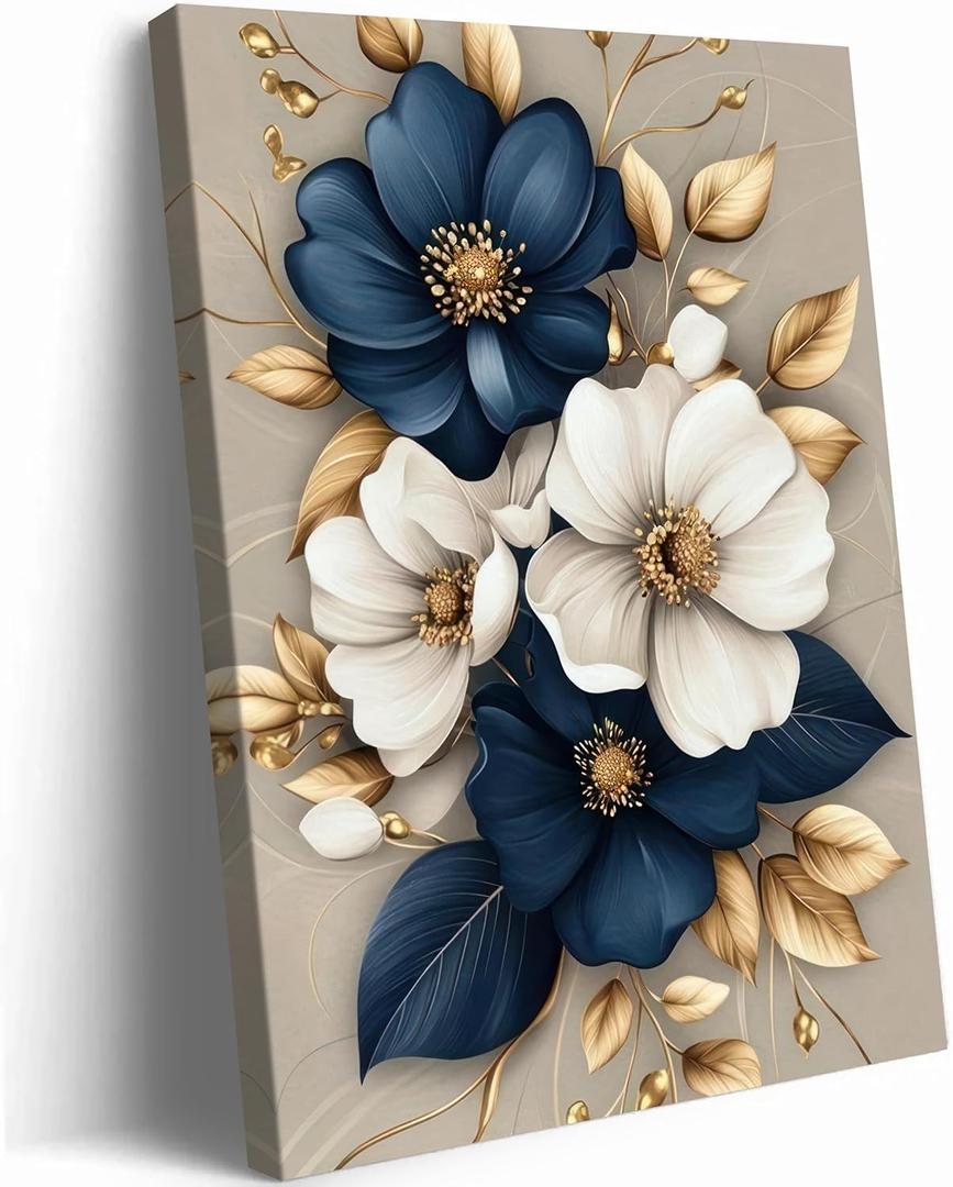 Modern Floral Canvas Wall Art Blue White Gold Flowers Wall Decor Pictures Flower Market Poster Prints for Living Room Bedroom Office Home Decoration 12x16in Ready to Hang
