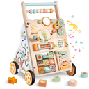 Wooden Baby Walker with Wheels, Push Walker with Baby Activity Center, Montessori Walking Toy for Girls Boys, Ajustable Speed & Height Activity Toy for Toddler Learning to Walk (Natural)