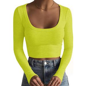 Artfish Women's Square Neck Long Sleeve Ribbed Slim Fitted Casual Basic Crop Top (Medium, Lime Neon Green)