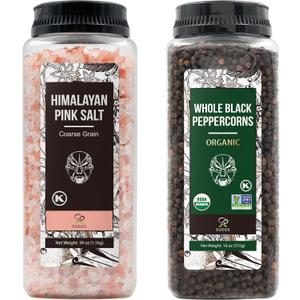 Soeos Himalayan Pink Salt Coarse 39 oz + Organic Black Peppercorns 18 oz, Salt for Grinder Refill, Salt and Peppercorns, Pepper Grinder Refill, Non-GMO Spice Seasoning Set For Cooking (57 Ounce (Pack of 1))