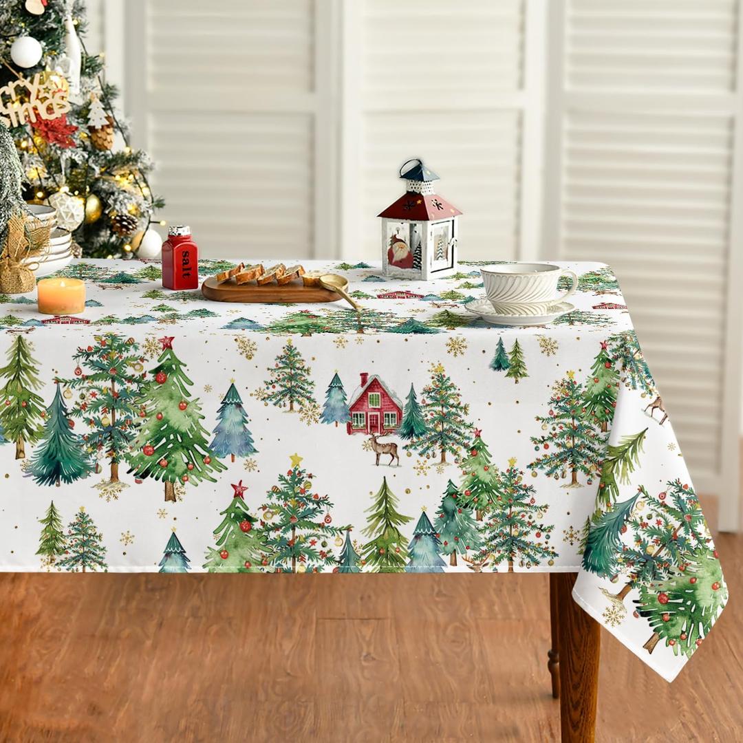 Horaldaily Christmas Tablecloth 60120 Inch Rectangular, Red House Deer Green Trees Washable Table Cover for Party Picnic Dinner Decor