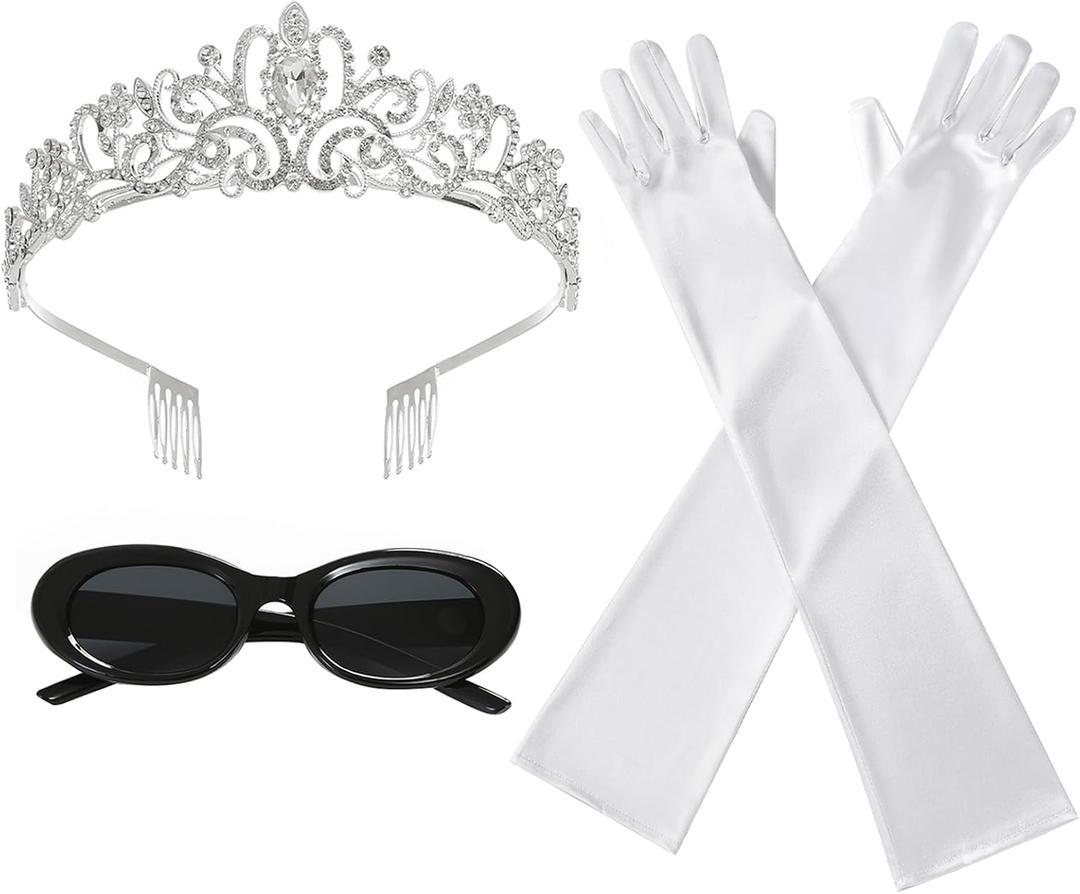 Halloween Princess Costume Accessories Women Crystal Crown Headband Long Gloves Sunglasses Dress Up Party (3 PCS, White)