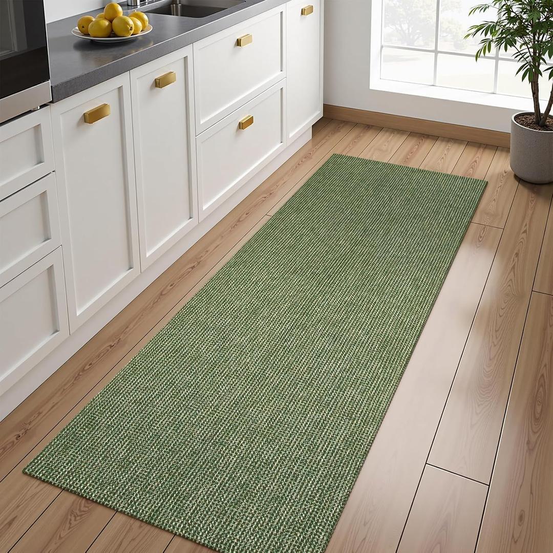 Uphome Kitchen Runner Rug, 2x7 Washable Boho Rug Runners for Hallways Non Slip, Low Pile Woven Cotton Modern Carpet Runners, Stain Resistant Bedroom Runner Rug for Hallway Entryway Entrance, Green