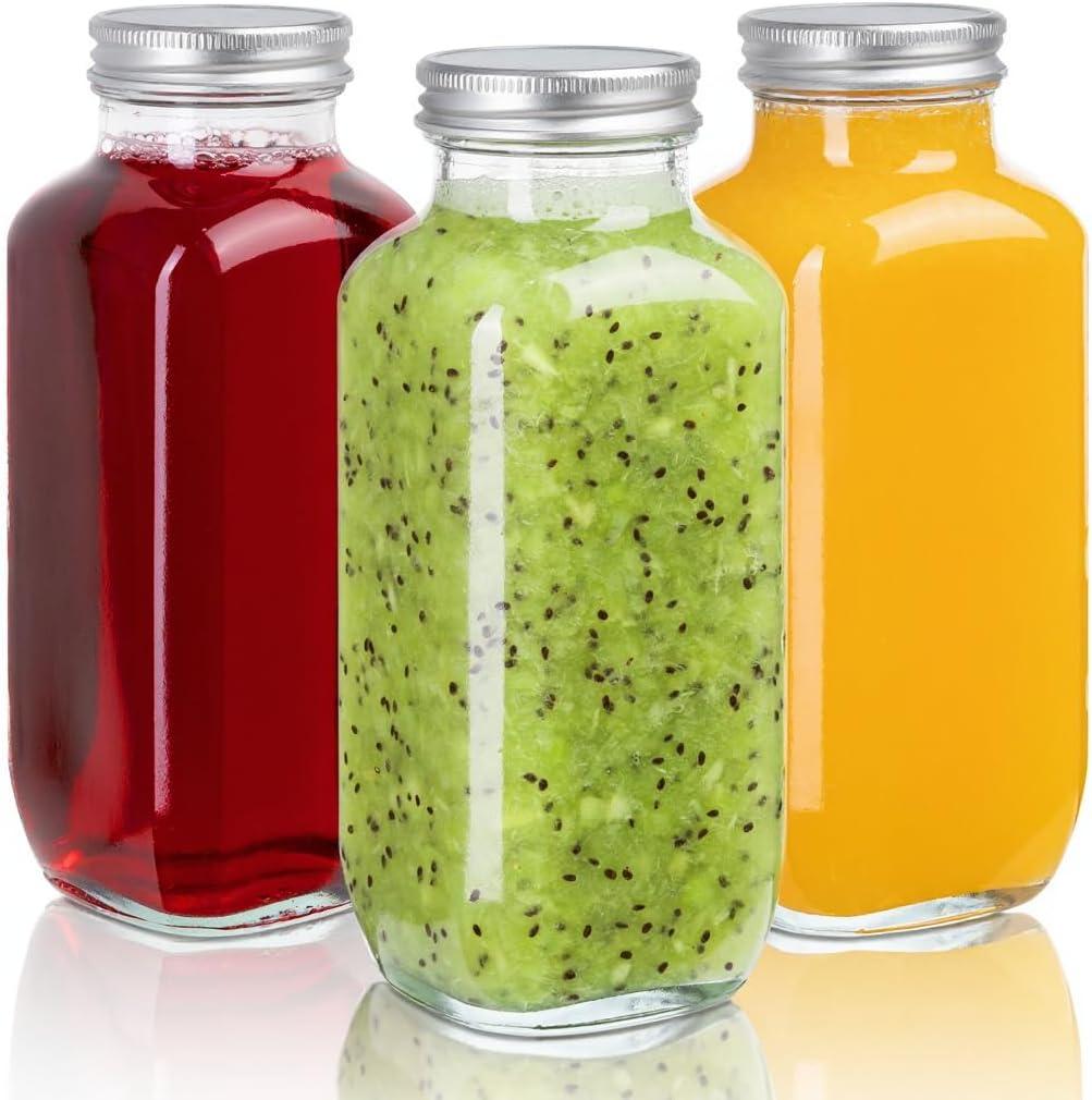 Juice Bottles with Lids, 16 Oz - Set of 3 - Clear Glass Jars with Caps - Reusable Empty Drink Containers for Juicing, Smoothies, Water, Milk, Kombucha Storage, Wellness Shots and More