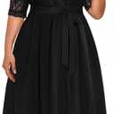 Pinup Fashion Plus Size Lace Chiffon Wrap V Neck Dresses Women Cocktail Wedding Guest Midi Dress (Black), 14Plus
