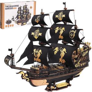 ROBOTIME Seahorse 3D Wooden Puzzles for Adults, Black Sailboat Model Kits for Boys and Men, Home Office Decor Gifts Pirate Ship Building (603 Pcs), Large