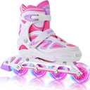 2PM SPORTS Vinal Girls Adjustable Flashing Inline Skates, All Wheels Light Up, Fun Illuminating Skates for Kids Men Adult Women and Boys (X-Large - Adult (9.5W-12W/8.5M-10.5M), White & Pink)