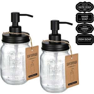 Amolliar Mason Jar Liquid Soap Dispenser -Rustproof Stainless Steel Replacement - Farmhouse Decor for Kitchen/Bathroom,Liquid Soap Pumps for Hand Soap,Dish Soap,Lotions/Black-2 Pack