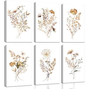 6Pcs Watercolor Flower Wall Art Colorful Wildflowers Canvas Botanical Prints Neutral Floral Poster Neutral Vintage Picture Boho Painting Minimalist Bouquet Wall Decor for Living Room Bedroom Framed (yellow)