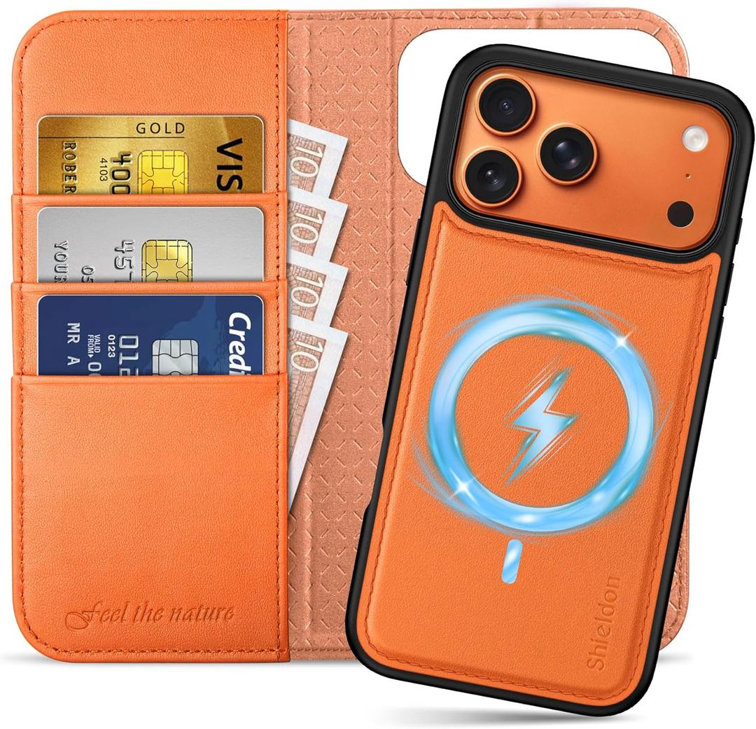 SHIELDON Detachable Case Wallet for iPhone 17 Pro Max 6.9" | Genuine Leather, Wireless Charging, RFID Blocking Credit Card Slot, Flip Magnetic Closure, Removable Shockproof Phone Cover 2025 - Orange