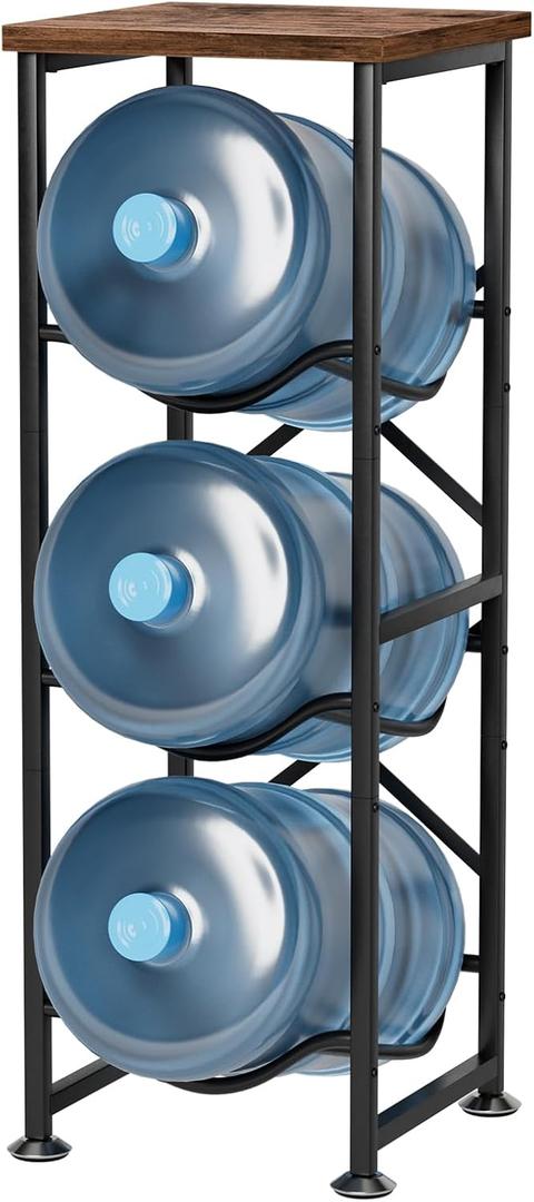 5 Gallon Water Jug Holder, 3-Tier Water Bottle Holder with Wood Top Shelf, Heavy Duty Water Cooler Jug Rack, Water Dispenser Storage Stand for Kitchen Office and Living Room (Rustic Brown)