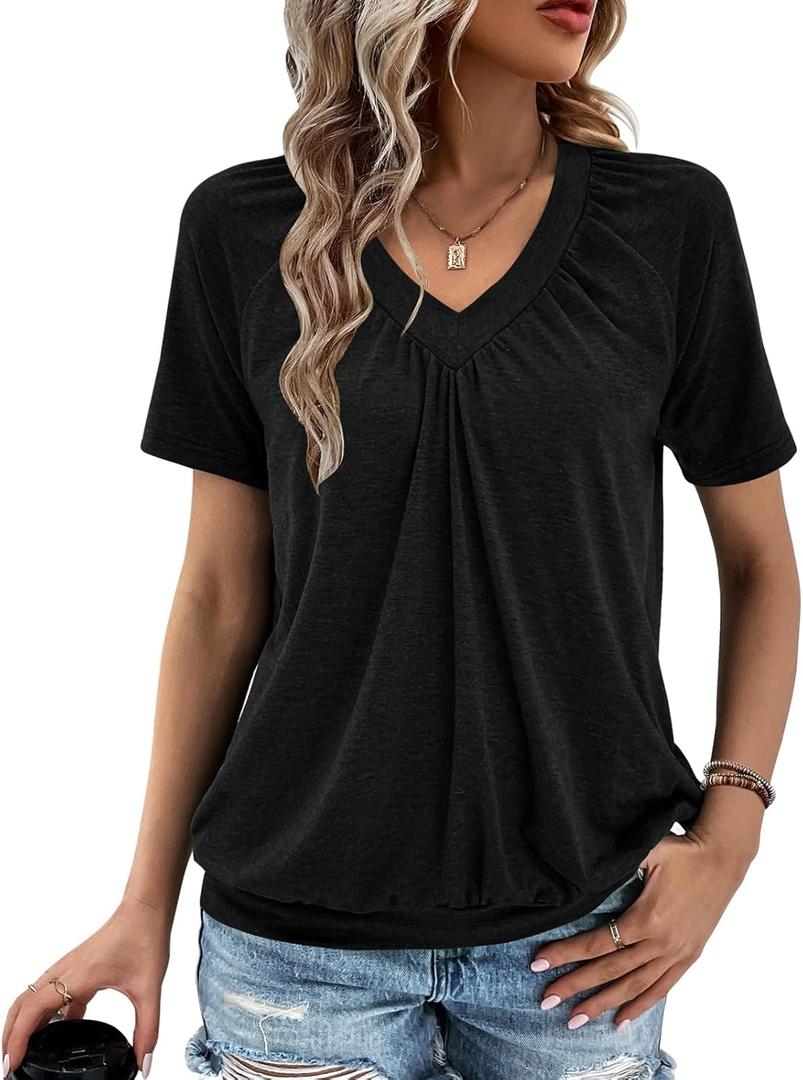 Gihgoew Summer Tops for Women 2025 Shorts Sleeve Womens Tops,V Neck Soft Casual Loose Fit Ruched Top T Shirts Tee Clothes (Large, Black)